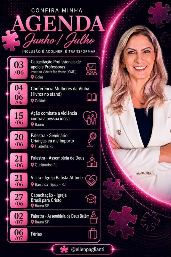 Agenda de eventos de junho e julho - Ellen Pagliarini